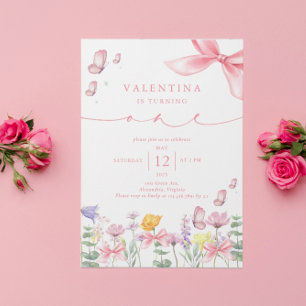 Invitation Fleur sauvage rose Bow 1er anniversaire