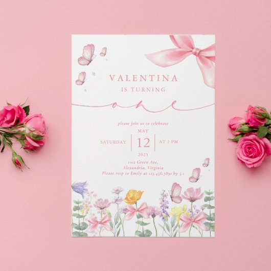 Invitation Fleur sauvage rose Bow 1er anniversaire