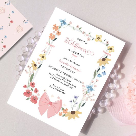 Invitation Fleur sauvage rose Bow 1er anniversaire