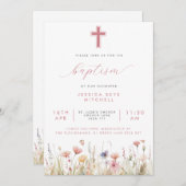 Invitation Fleur sauvage rose Croix & Script Baptême (Devant / Derrière)