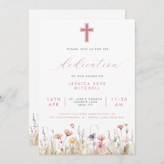 Invitation Fleur sauvage rose Croix & Script bébé Dedication  (Devant / Derrière)