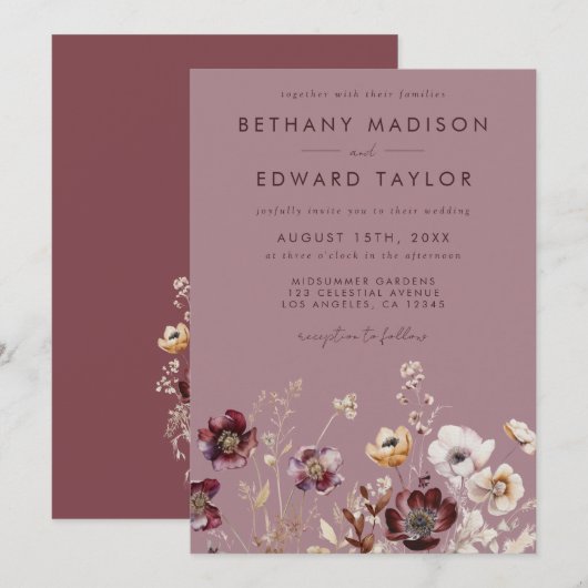 Invitation Fleur sauvage Rose Dusty (Devant / Derrière)