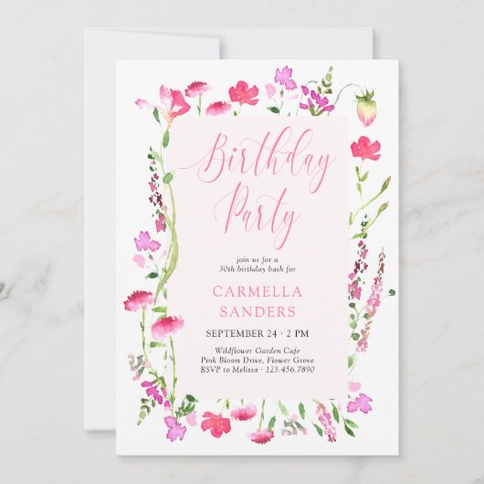 Invitation Fleur sauvage rose Élégante fête d'anniversaire fé (Devant)