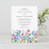 Invitation Fleur sauvage rose et bleu Mariage Floral (Debout devant)