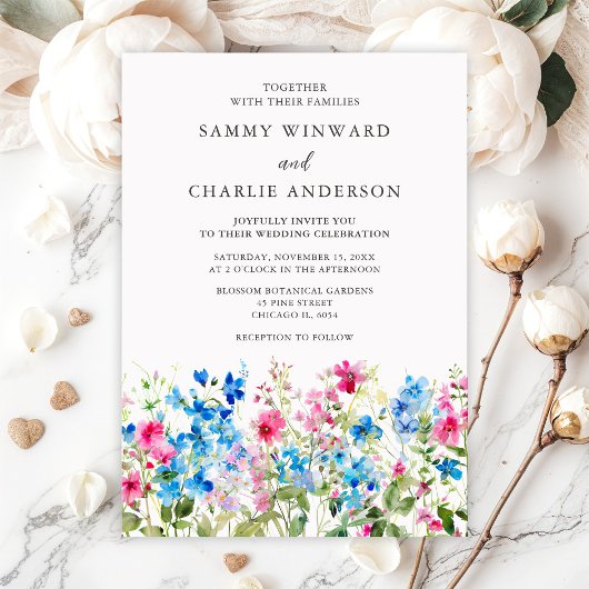 Invitation Fleur sauvage rose et bleu Mariage Floral