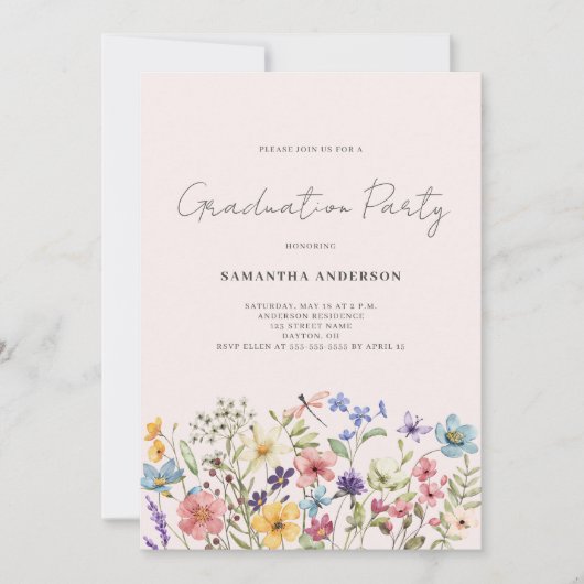 Invitation Fleur sauvage rose Floral fête de graduation (Devant)