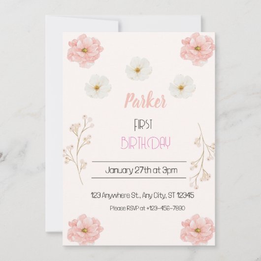 Invitation Fleur sauvage rose Floral Gitrday fête d'anniversa (Devant)