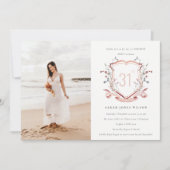 Invitation Fleur sauvage rose Monogram Crest Photo Anniversai (Devant)