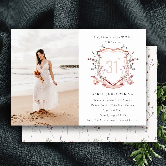 Invitation Fleur sauvage rose Monogram Crest Photo Anniversai