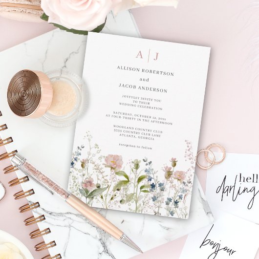 Invitation Fleur sauvage rose Monogramme Mariage Floral