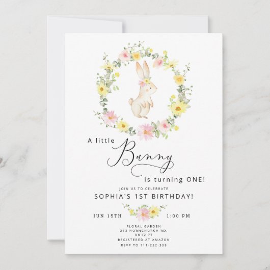 Invitation Fleur sauvage rose petit lapin 1er anniversaire (Devant)