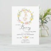 Invitation Fleur sauvage rose petit lapin 1er anniversaire (Debout devant)