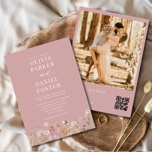 Invitation Fleur sauvage rose QR Code Photo Boho Mariage