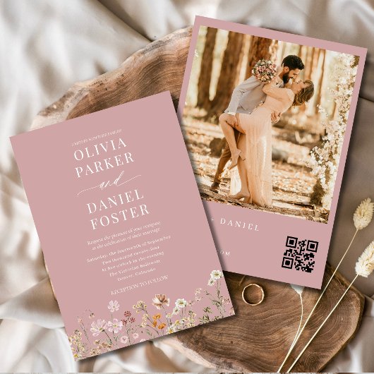 Invitation Fleur sauvage rose QR Code Photo Boho Mariage
