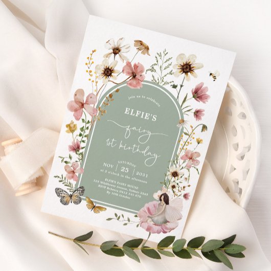 Invitation Fleur sauvage rose Sage Fairy 1er fête d'anniversa