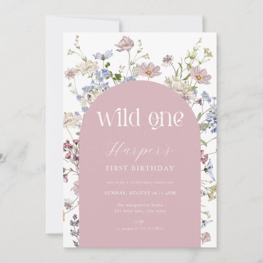 Invitation Fleur sauvage rose sauvage un 1er anniversaire Inv (Devant)