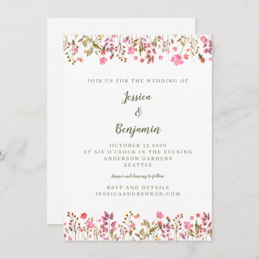 Invitation Fleur sauvage rose simple Mariage à la frontière (Devant / Derrière)