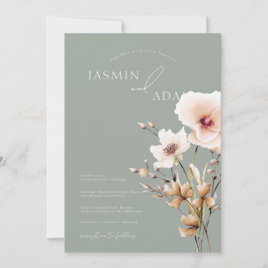 Invitation Fleur sauvage rose simple Sage Vert Mariage (Devant)
