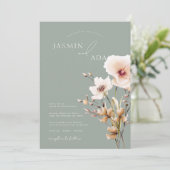 Invitation Fleur sauvage rose  simple Sage Vert Mariage (Debout devant)