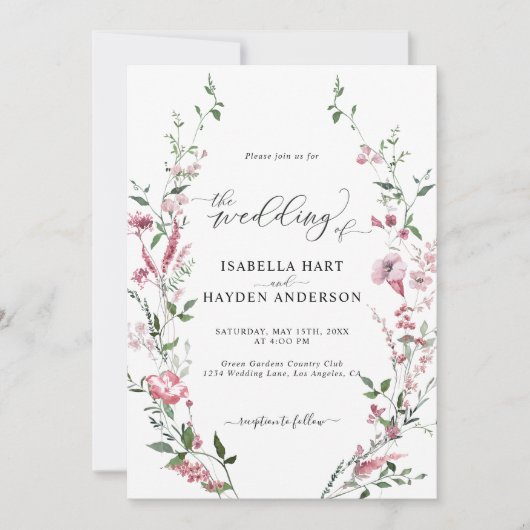 Invitation Fleur sauvage rose tout en un code QR Mariage flor (Devant)