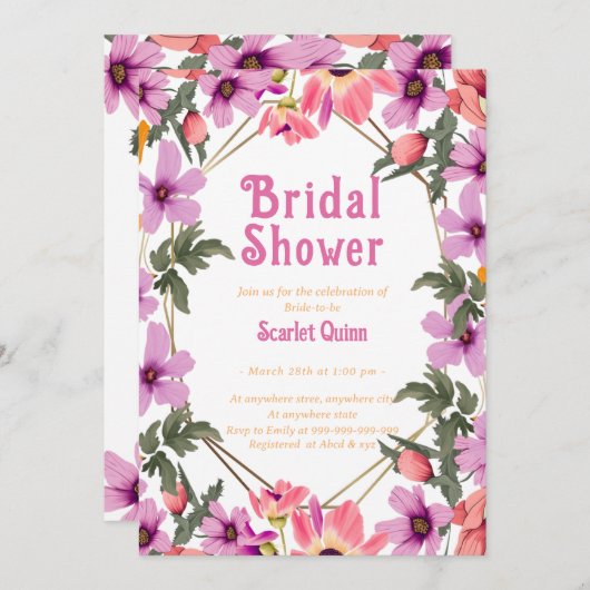 Invitation Fleur sauvage rose vif moderne #4 douche nuptiale (Devant / Derrière)