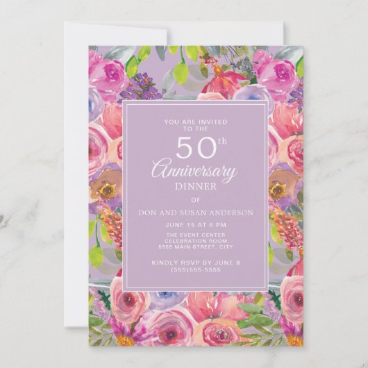 Invitation Fleur sauvage rose violet 50e anniversaire de Mari (Devant)