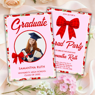 Invitation Fleur sauvage Rouge Gingham Nœud Photo Remise des 