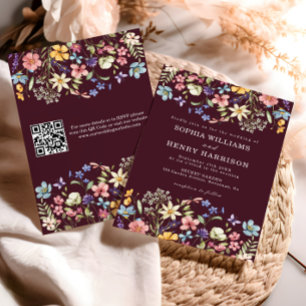 Invitation Fleur sauvage Rustic Chic Bourgogne Mariage QR Cod