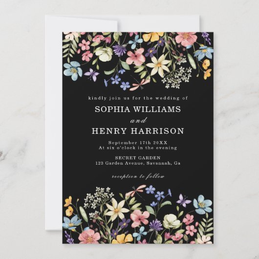 Invitation Fleur sauvage Rustic Chic Mariage noir QR Code (Devant)