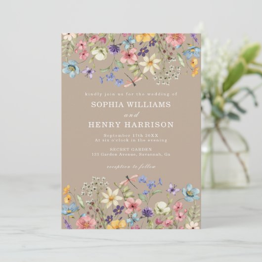 Invitation Fleur sauvage Rustic Country Taupe Mariage QR Code (Debout devant)