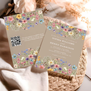 Invitation Fleur sauvage Rustic Country Taupe Mariage QR Code
