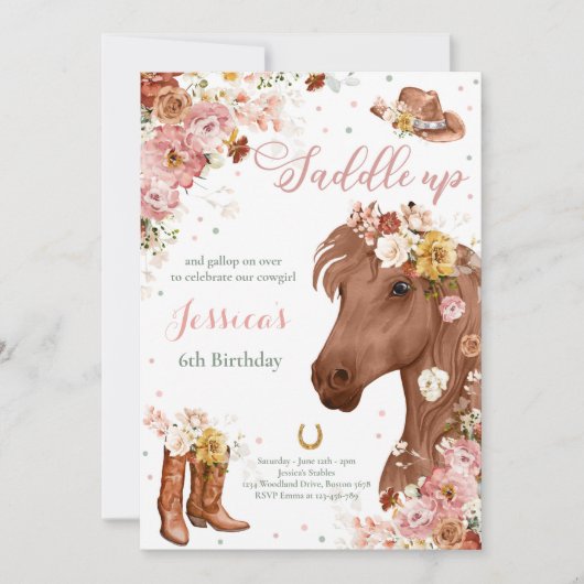 Invitation Fleur sauvage Rustic Horse Cowgirl fête d'annivers (Devant)