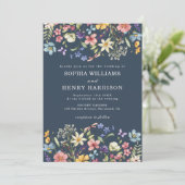 Invitation Fleur sauvage Rustic Navy Blue Mariage QR Code (Debout devant)