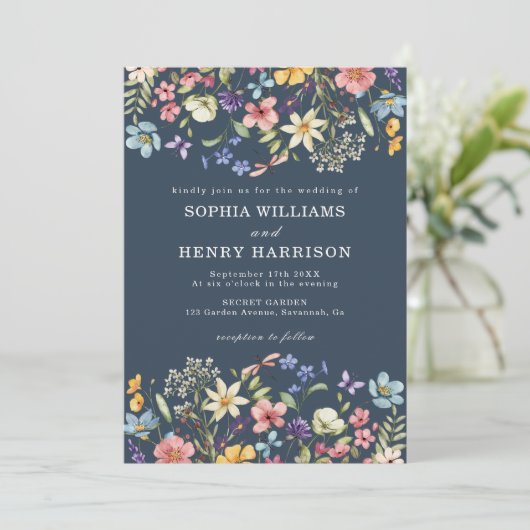 Invitation Fleur sauvage Rustic Navy Blue Mariage QR Code (Debout devant)