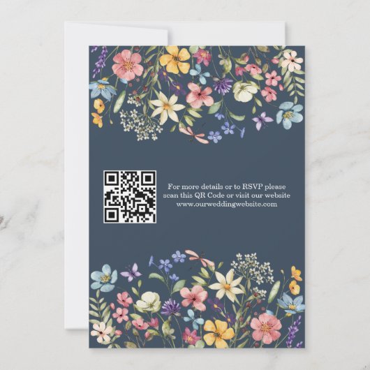 Invitation Fleur sauvage Rustic Navy Blue Mariage QR Code (Dos)