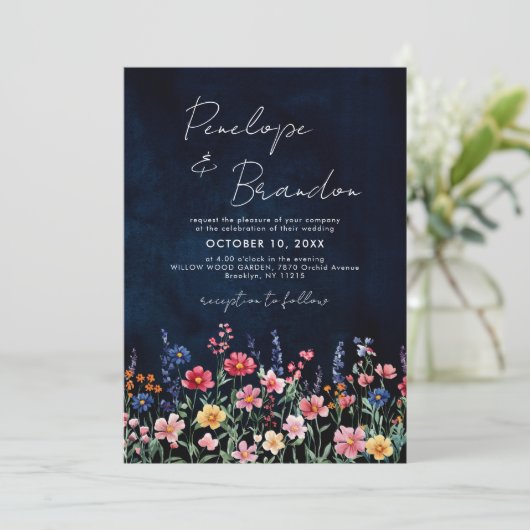 Invitation Fleur sauvage Rustic QR Code Floral Marine Mariage (Debout devant)