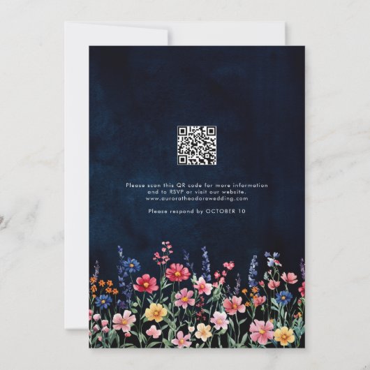 Invitation Fleur sauvage Rustic QR Code Floral Marine Mariage (Dos)