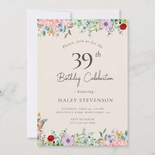 Invitation Fleur Sauvage Rustique Bohème 39e Anniversaire Sim (Devant)
