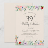 Invitation Fleur Sauvage Rustique Bohème 39e Anniversaire Sim (Devant / Derrière)
