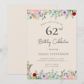 Invitation Fleur Sauvage Rustique Bohème 62e Anniversaire Sim (Devant / Derrière)