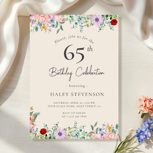 Invitation Fleur Sauvage Rustique Bohème 65e Anniversaire Sim