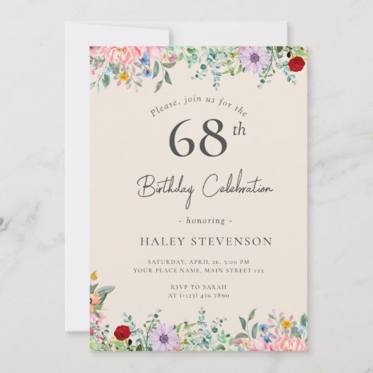 Invitation Fleur Sauvage Rustique Bohème 68e Anniversaire Sim (Devant)
