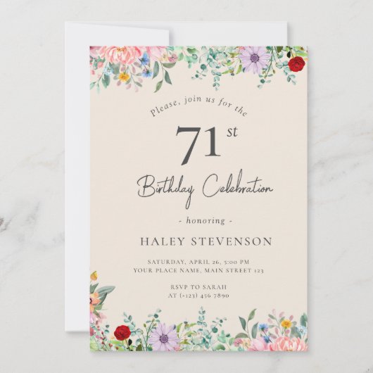 Invitation Fleur Sauvage Rustique Bohème 71e Anniversaire Sim (Devant)