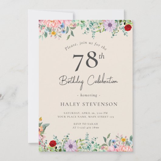 Invitation Fleur sauvage Rustique Bohème 78e Anniversaire Sim (Devant)