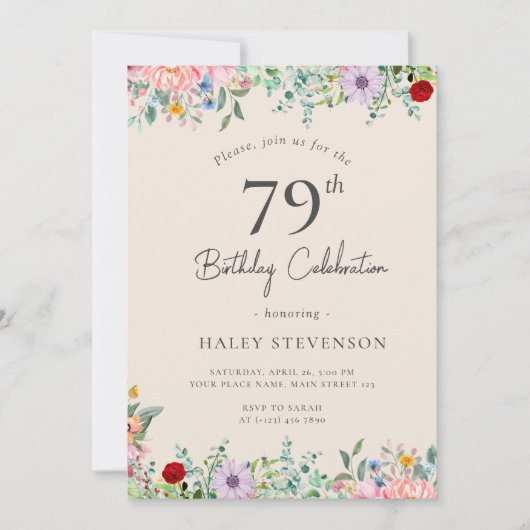Invitation Fleur sauvage Rustique Bohème 79e Anniversaire Sim (Devant)