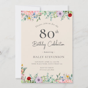 Invitation Fleur sauvage Rustique Bohème 80e Anniversaire Sim