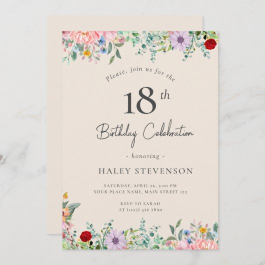 Invitation Fleur sauvage Rustique Boho 18e anniversaire Simpl (Devant / Derrière)