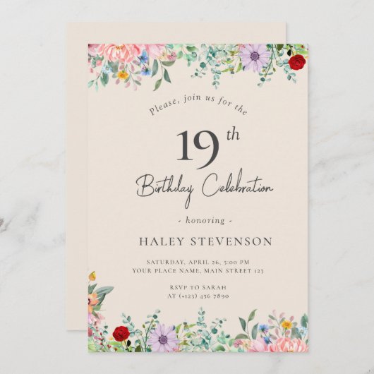 Invitation Fleur sauvage Rustique Boho 19e anniversaire Simpl (Devant / Derrière)