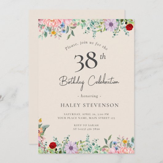 Invitation Fleur sauvage Rustique Boho 38e anniversaire Simpl (Devant / Derrière)