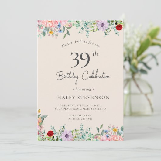 Invitation Fleur sauvage Rustique Boho 39e anniversaire Simpl (Debout devant)
